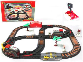 Железная дорога эл., Останови крушение, поезд 2шт, семафор, перекресток, стрелка 4шт., механизм остановки, аксессуары, эл.пит.не вх.в комплект